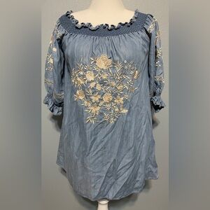 Zara Bardot Embroidered Boho Mini Dress Blue Off Shoulder Western Coastal Medium